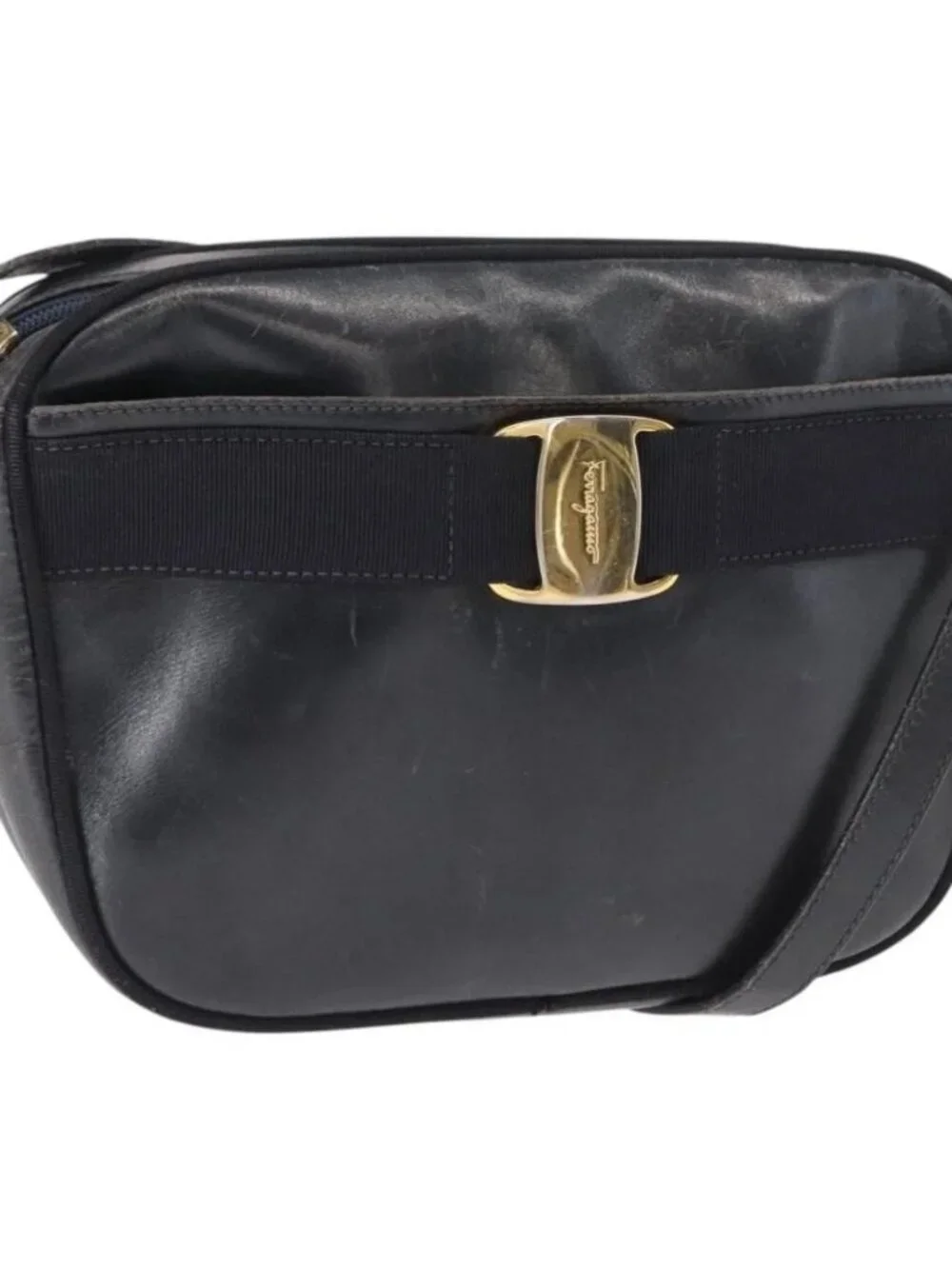 Salvatore Ferragamo Shoulder Bag Leather Navy Gold Auth ka1249